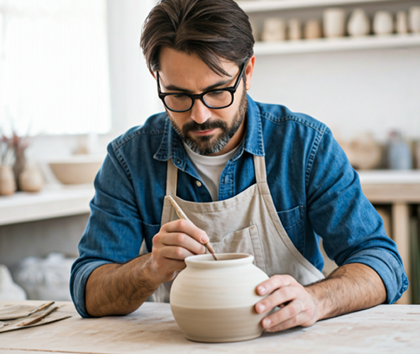Artisan ceramist shaping pottery in studio