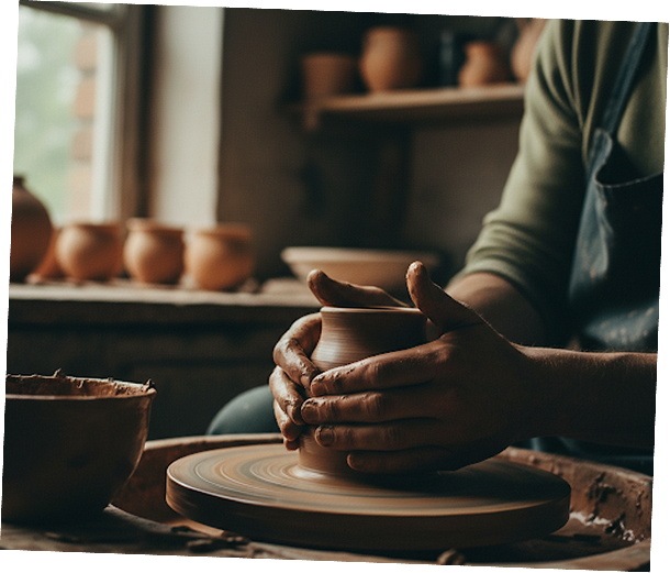 Hands shaping clay on a pottery wheel